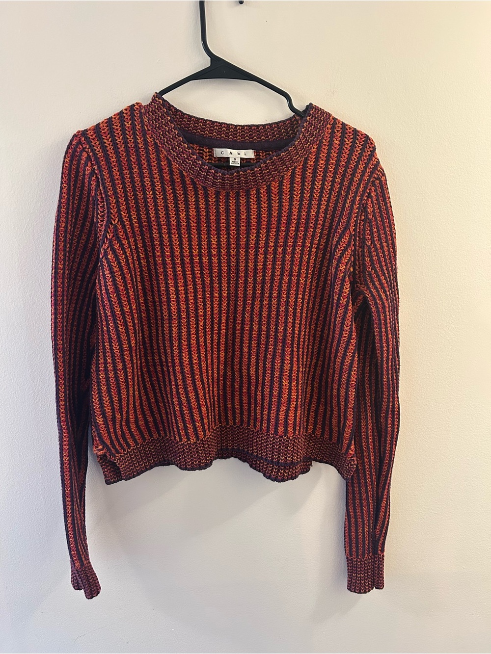 CAbi Ribbed Stripe Crewneck Sweater in Rust & Navy